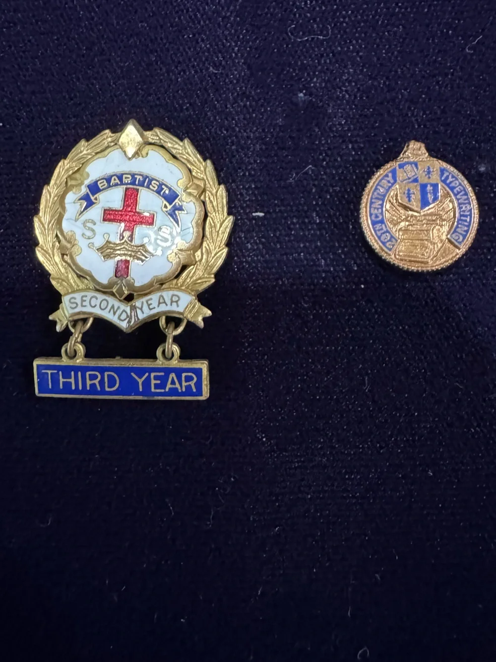 Vintage Third Year & Second Year Enamel School Badges - Blue, White, Gold